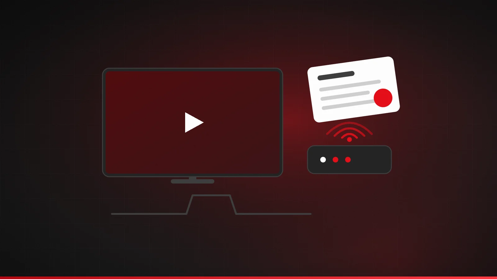 Illustration of a television showing a play button next to a broadband router with a Wi-Fi signal and a licence-style card with a red seal